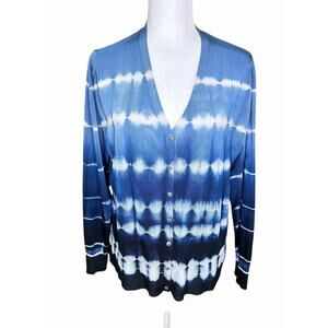 Chico's Blue Ombre Tie Dye Long Snap Down V-Neck Cardigan Rayon Blend